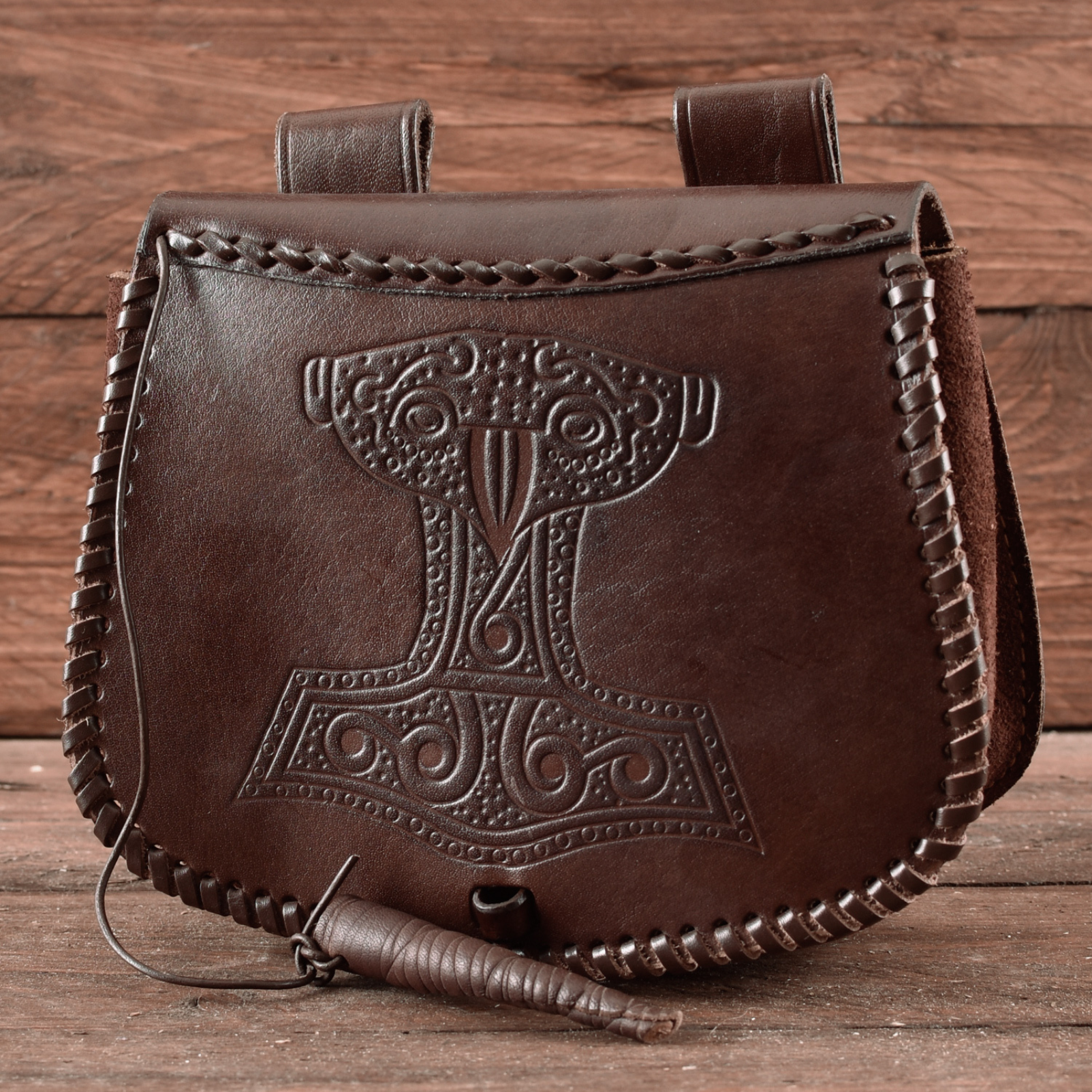 Gürteltasche mit Thorshammer-Prägung, Leder, Braun