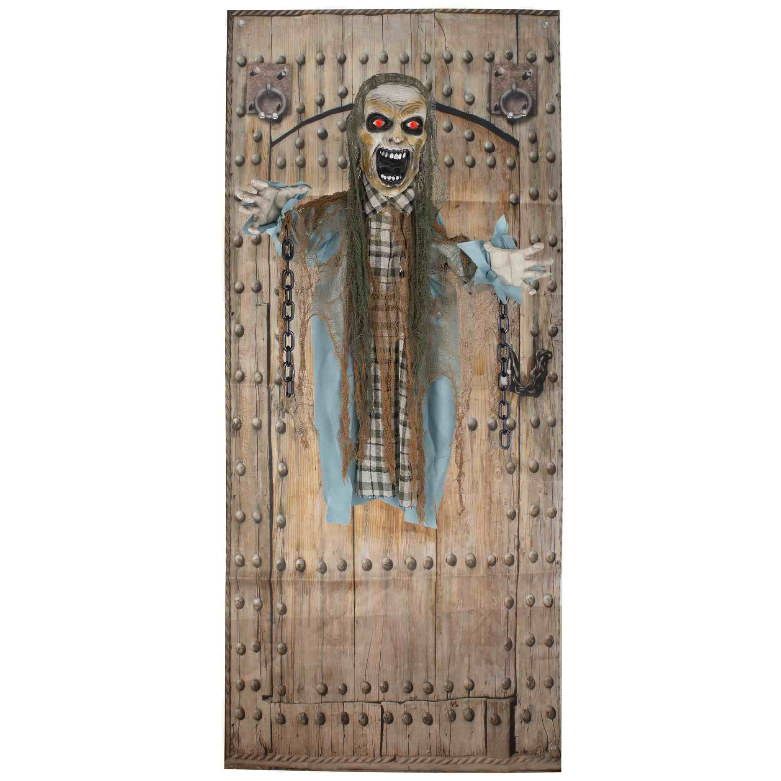 Hängender Zombie mit Türvorhang & LED Licht – Halloween-Deko 100 cm