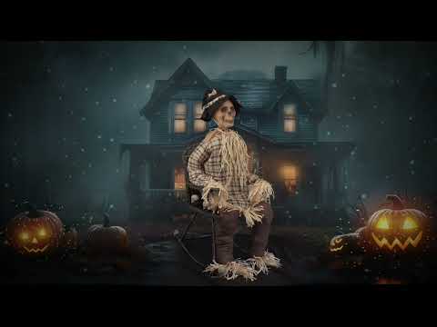 Animierte Vogelscheuche im Schaukelstuhl – Halloweenfigur 120 cm