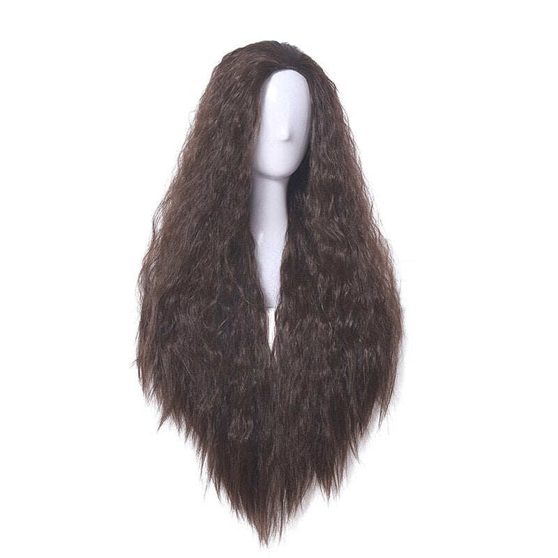 Hippie Perücke braun, 80 cm lang – lockige Kunsthaar-Cosplay Wig auf Modellkopf frontal getragen