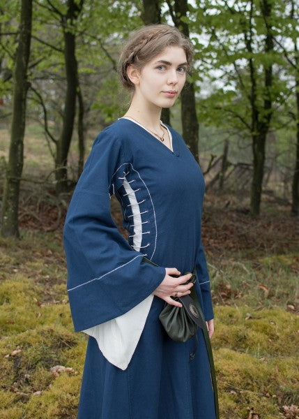 Mittelalterkleid mit Höllenfenstern, Bliaut Amal, blau/natur