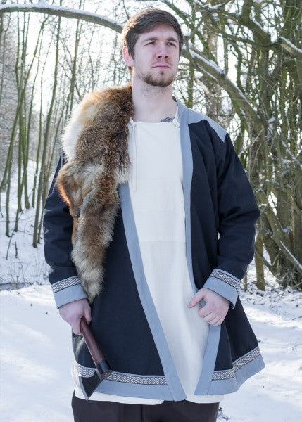 Klappenrock Bjorn, Wikinger-Mantel mit Borte, dunkelblau