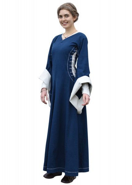 Mittelalterkleid mit Höllenfenstern, Bliaut Amal, blau/natur
