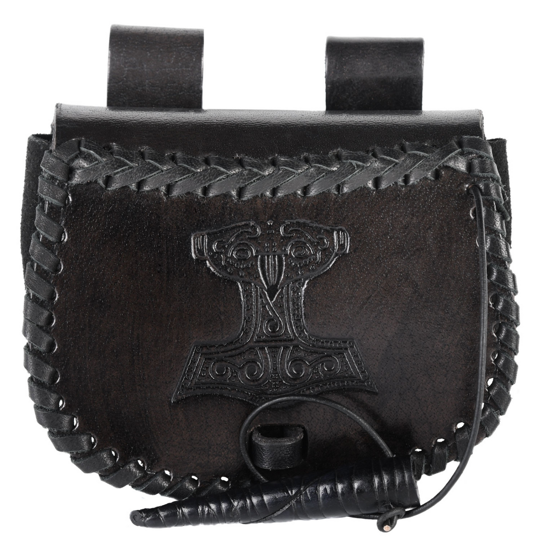 Kleine Gürteltasche aus Leder mit Thorshammer-Prägung, Schwarz