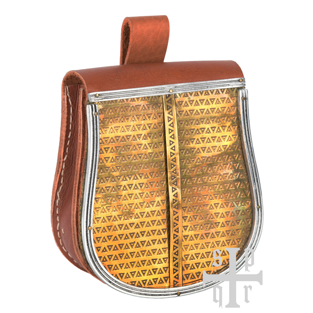 Mittelalterliche Gürteltasche aus braunem Leder mit Frontklappe aus Messing