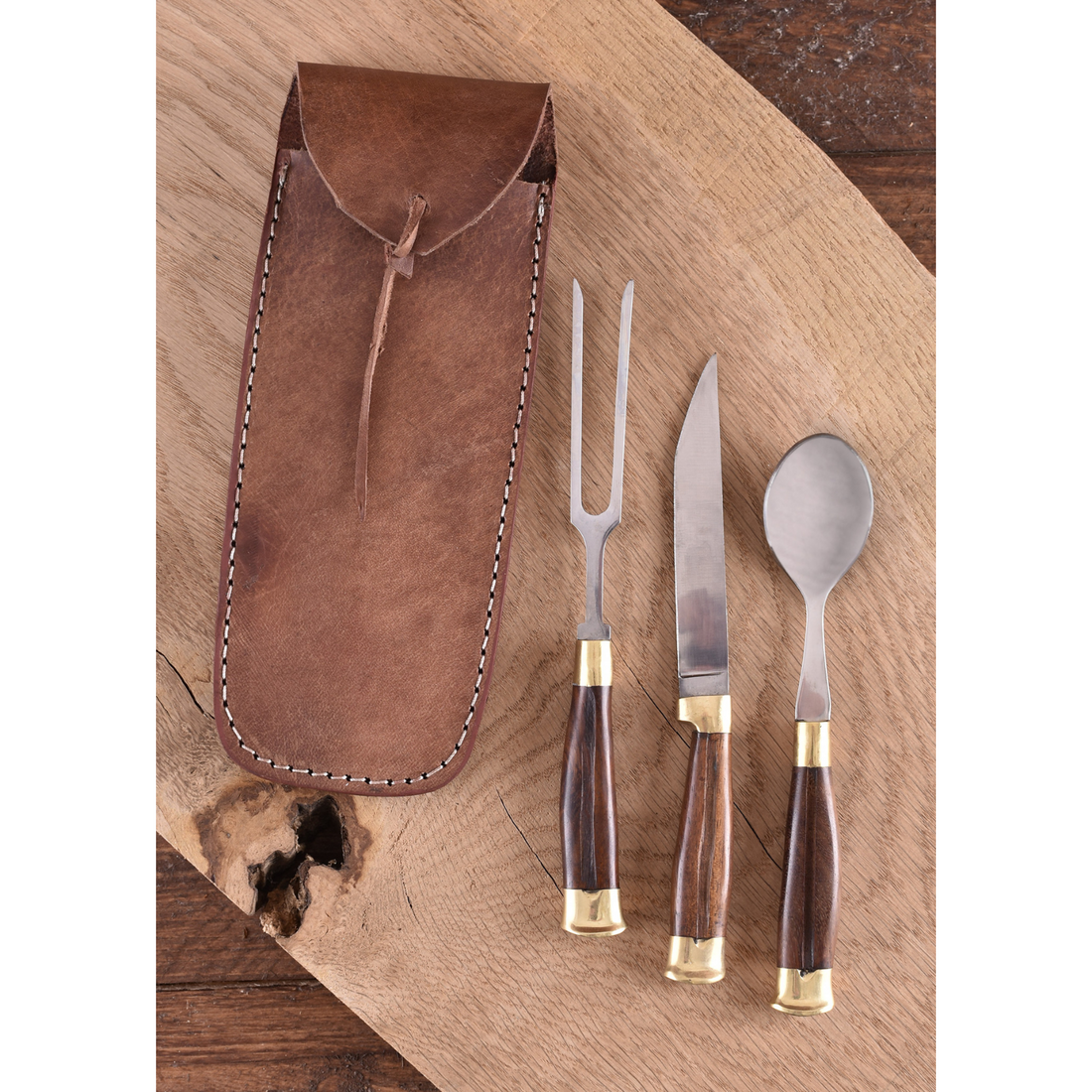 Mittelalterbesteck mit Lederetui, Holzgriff