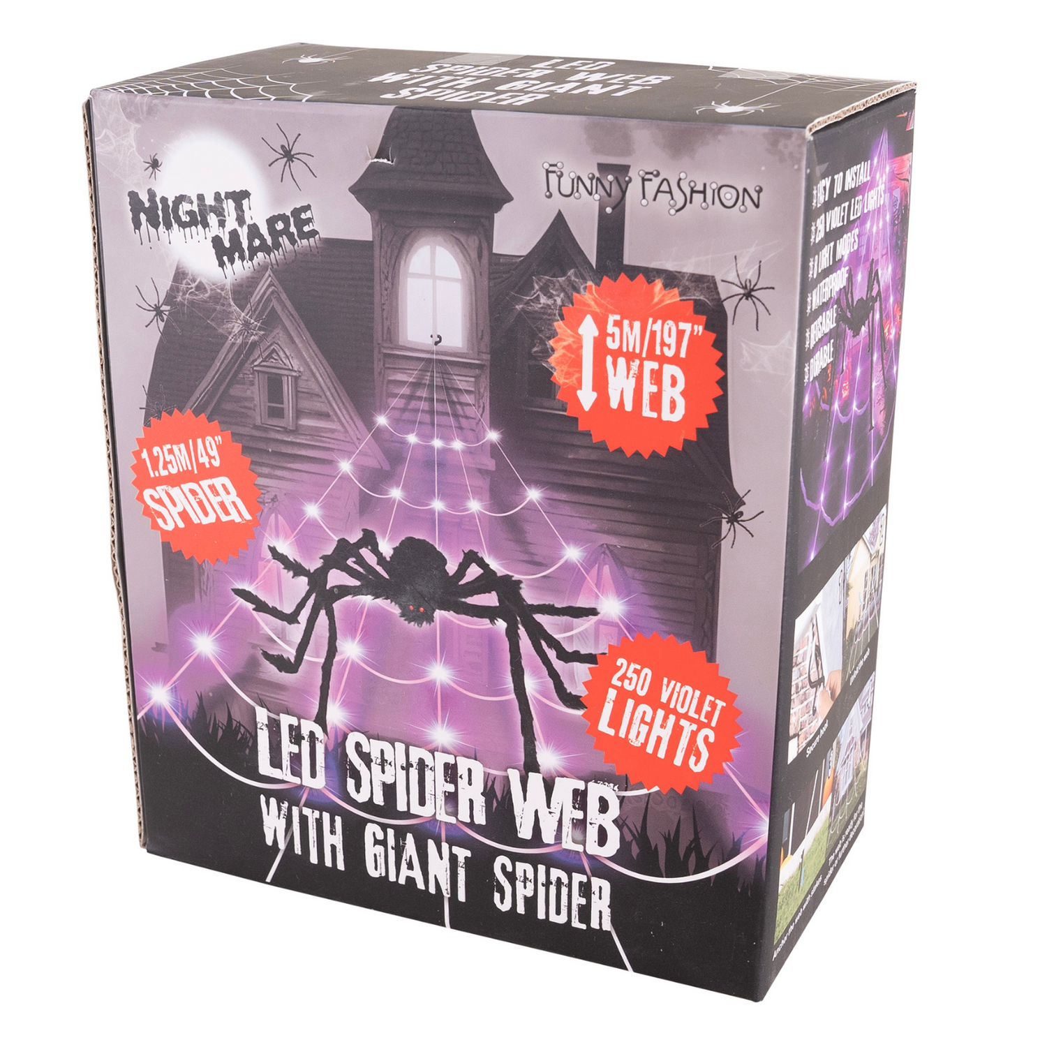 LED Spinnennetz Verpackung – Halloween-Deko-Set mit Spinne und Zubehör, 125 lila LEDs