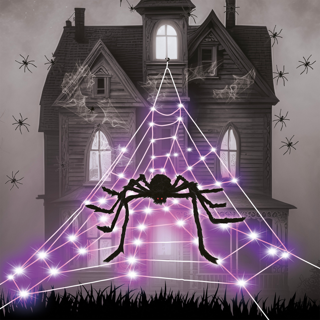 Halloween Spinnennetz mit LED – Outdoor Dekoration mit lila Beleuchtung und großer Spinne am Haus