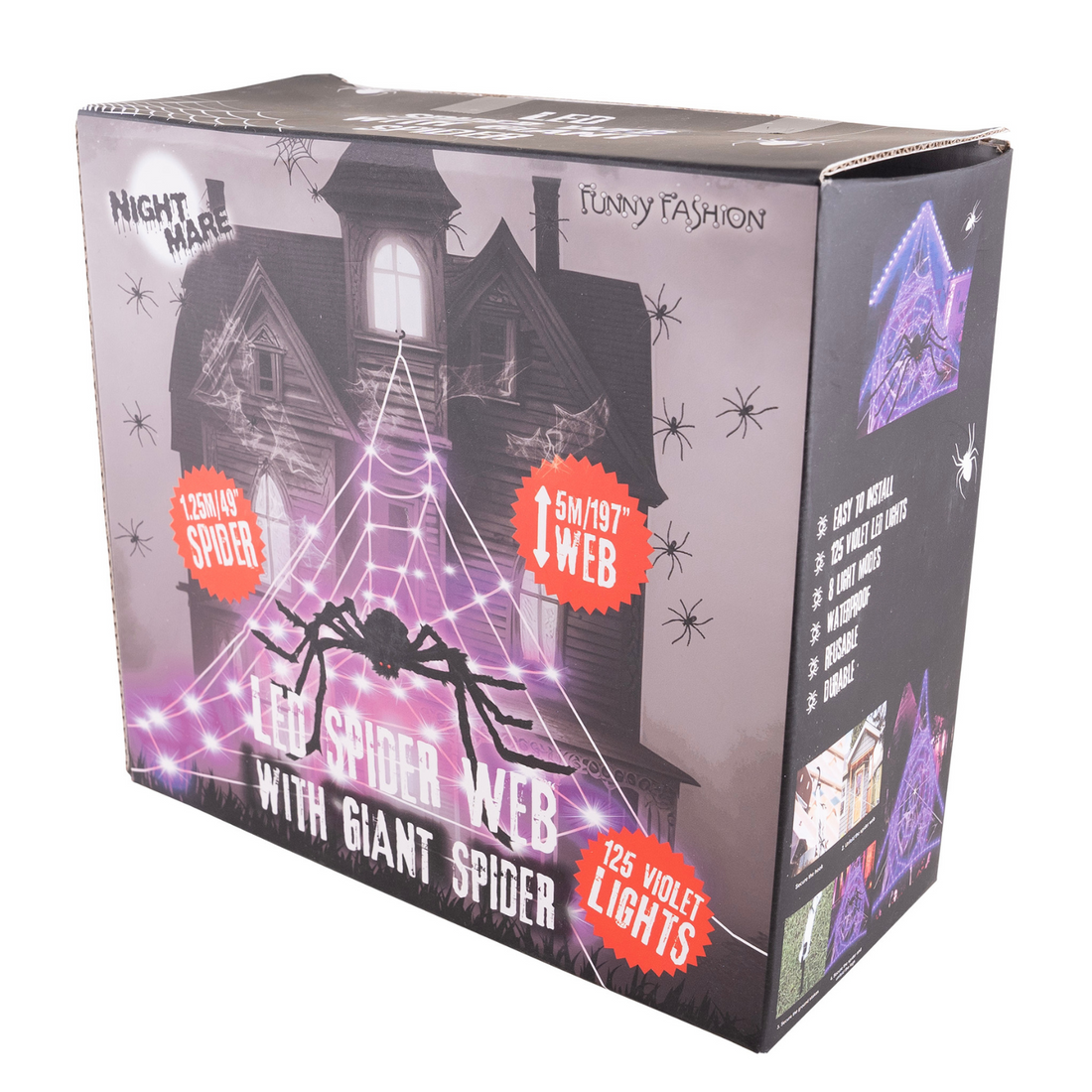 LED Spinnennetz Verpackung – Halloween-Deko-Set mit Spinne und Zubehör, 125 lila LEDs