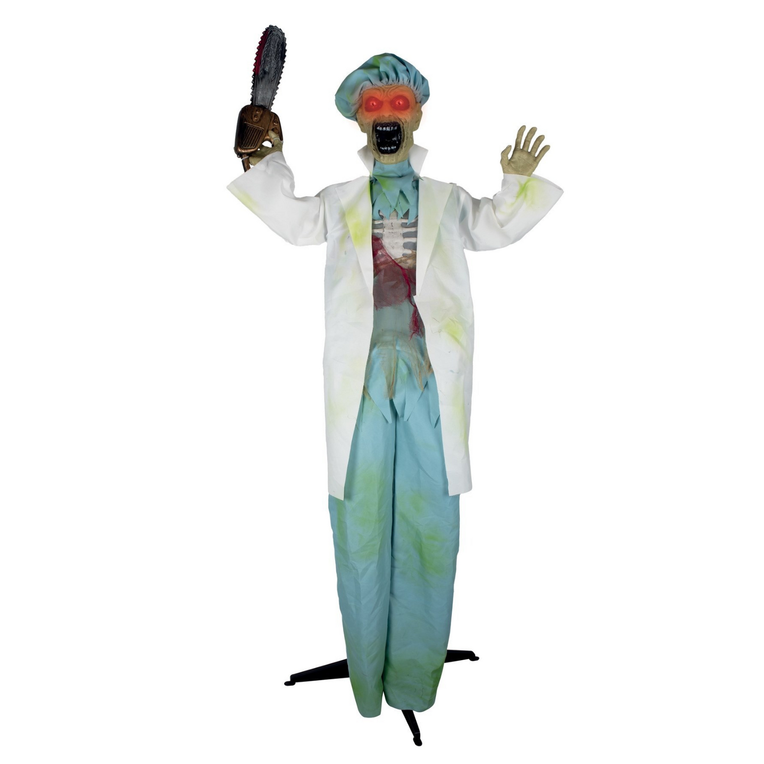 Animierter Zombie Chirurg mit Kettensäge – Halloween-Deko 178 cm mit Licht &amp; Sound