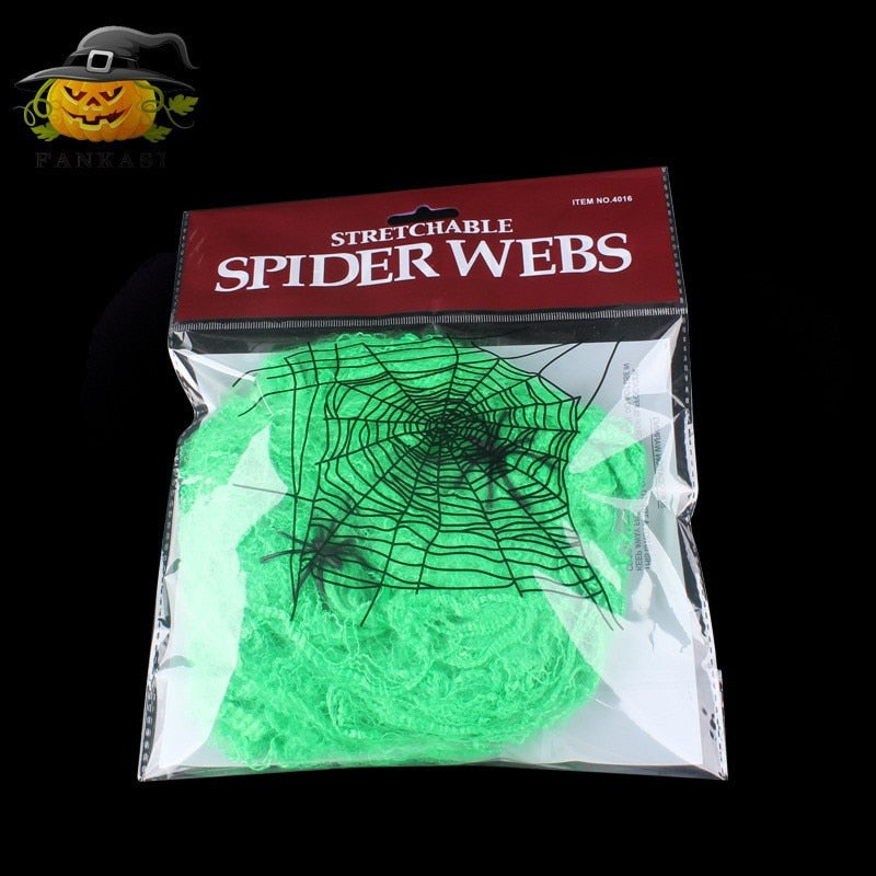 Halloween Spinnennetz-Set: 5 Farben (Schwarz, Weiß, Grün, Orange, Lila), UV-aktiv, 60 g mit 4 Kunststoffspinnen
