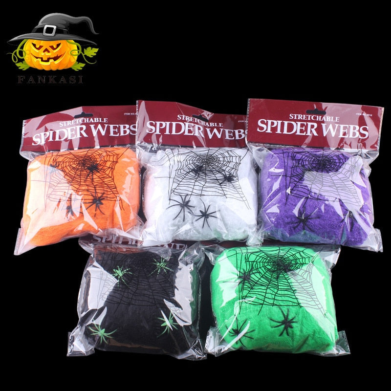 Halloween Spinnennetz-Set: 5 Farben (Schwarz, Weiß, Grün, Orange, Lila), UV-aktiv, 60 g mit 4 Kunststoffspinnen