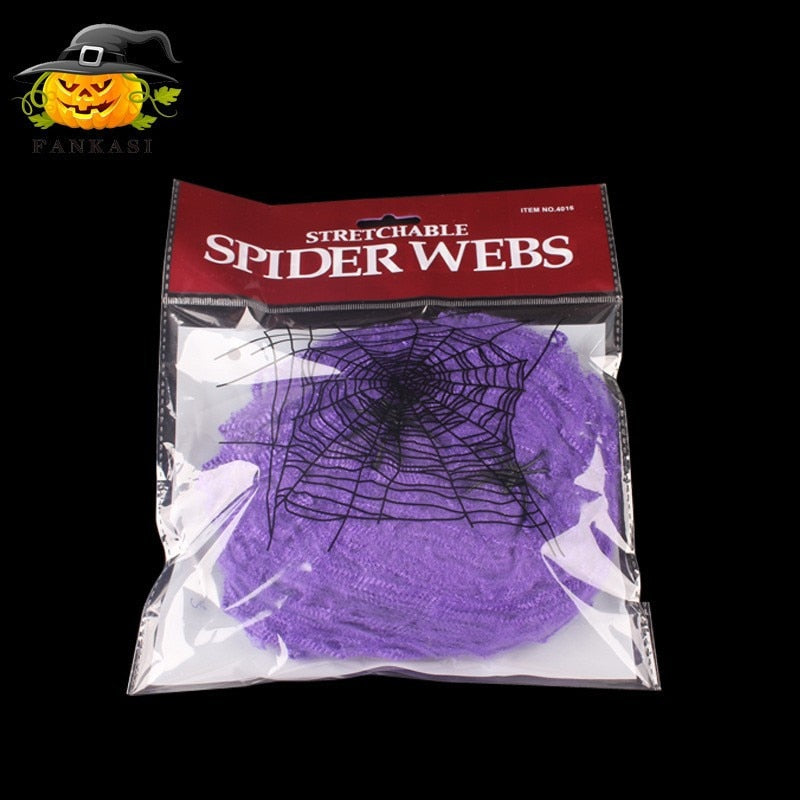 Halloween Spinnennetz-Set: 5 Farben (Schwarz, Weiß, Grün, Orange, Lila), UV-aktiv, 60 g mit 4 Kunststoffspinnen