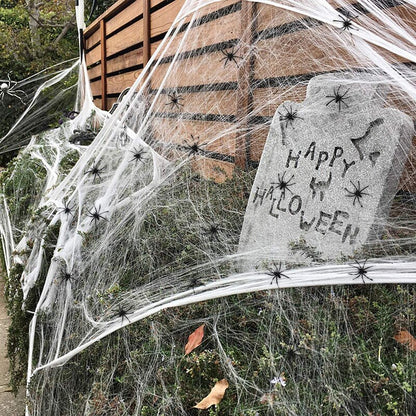 Halloween Spinnennetz-Set: 5 Farben (Schwarz, Weiß, Grün, Orange, Lila), UV-aktiv, 60 g mit 4 Kunststoffspinnen