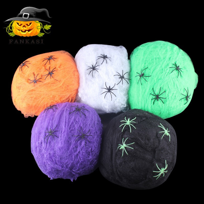 Halloween Spinnennetz-Set: 5 Farben (Schwarz, Weiß, Grün, Orange, Lila), UV-aktiv, 60 g mit 4 Kunststoffspinnen