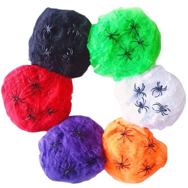 Halloween Spinnennetz-Set: 5 Farben (Schwarz, Weiß, Grün, Orange, Lila), UV-aktiv, 60 g mit 4 Kunststoffspinnen