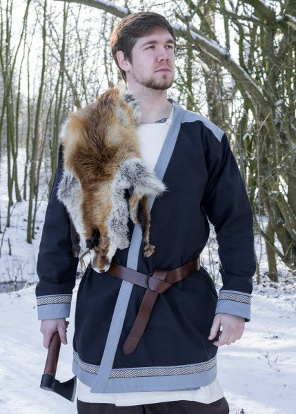 Klappenrock Bjorn, Wikinger-Mantel mit Borte, dunkelblau