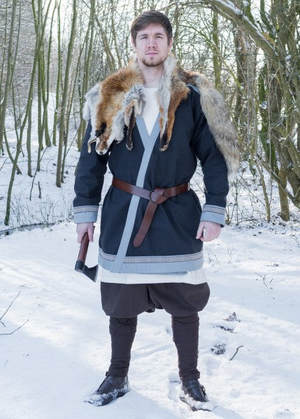 Klappenrock Bjorn, Wikinger-Mantel mit Borte, dunkelblau