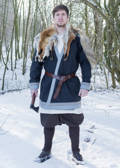 Klappenrock Bjorn, Wikinger-Mantel mit Borte, dunkelblau