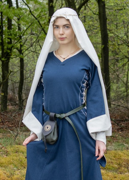 Mittelalterkleid mit Höllenfenstern, Bliaut Amal, blau/natur