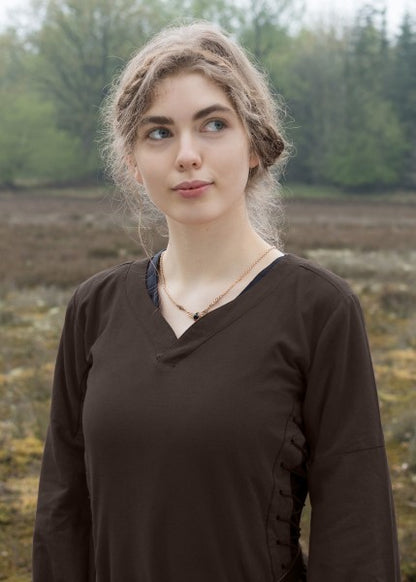 Mittelalterkleid mit Höllenfenstern, Bliaut Amal, braun