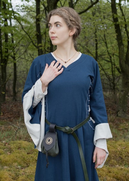 Mittelalterkleid mit Höllenfenstern, Bliaut Amal, blau/natur