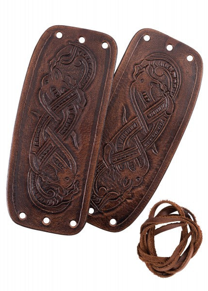 Armschützer aus Leder mit geprägtem Drachenmotiv, Jelling-Stil, Paar, dunkelbraun